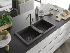 Granitinė virtuvinė plautuvė Mexen Mario su maišytuvu ir sifonu, Juodas granite+Juodas/Gold