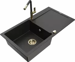 Granitinė virtuvinė plautuvė Mexen Leo su maišytuvu ir sifonu, Metallic juodas/auksinis+Juodas/Gold
