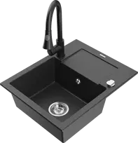 Granitinė virtuvinė plautuvė Mexen Enzo su maišytuvu ir sifonu, Juodas granite+Juodas