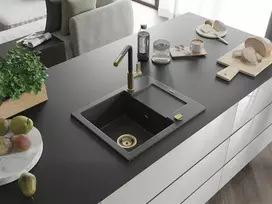 Granitinė virtuvinė plautuvė Mexen Enzo su maišytuvu ir sifonu, Juodas granite+Juodas/Gold