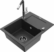 Granitinė virtuvinė plautuvė Mexen Enzo su maišytuvu ir sifonu, Juodas granite+Juodas/Chrome