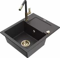 Granitinė virtuvinė plautuvė Mexen Enzo su maišytuvu ir sifonu, Juodas granite+Juodas granite/Gold