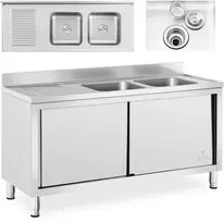 Royal Catering Dviejų dubenių maitinimo baseino kriauklė su spintele su stumdomomis durimis 160 x 60 x 95 cm