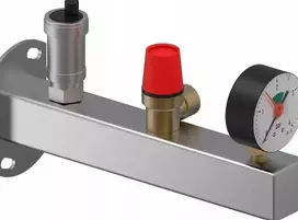 Uponor 3 barų INOX saugos grupė su manometru, apsauginiu vožtuvu ir automatiniu centrinio šildymo oro išleidimo anga