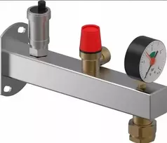 Uponor 3 barų INOX saugos grupė su bako jungtimi, manometru, apsauginiu vožtuvu ir automatiniu centrinio šildymo oro išleidimo anga.