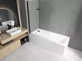 Vonia Mexen Cubik su apdaila ir stiklo sienele, 150x70 cm + 100 cm, baltas+II/juodas