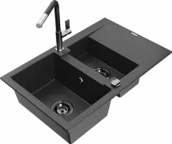 Granitinė virtuvinė plautuvė Mexen Gaspar su maišytuvu ir sifonu, Juodas granite+Juodas/Chrome