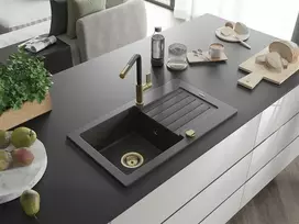 Granitinė virtuvinė plautuvė Mexen Pablo su maišytuvu ir sifonu, Juodas granite+Juodas/Gold