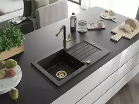 Granitinė virtuvinė plautuvė Mexen Pablo su maišytuvu ir sifonu, Metallic juodas/sidabrinis+Juodas/Gold