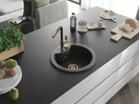 Granitinė virtuvinė plautuvė Mexen Diego su maišytuvu ir sifonu, Juodas granite+Juodas/Gold