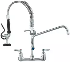 Pramoninis maišytuvas su išankstinio plovimo purkštuvu, 53.34 cm, sieninis, virtuvės praustuvei, žalvarinis, ištraukiamas, dviejų skyrių plautuvei, restorano plautuvei