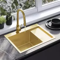 Plieninė virtuvinė plautuvė Rea Fin su maišytuvu, Brushed Gold