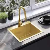 Plieninė virtuvinė plautuvė Rea Leo 50 su maišytuvu, Brushed Gold