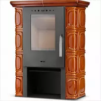 Malkomis kūrenama krosnelė, laisvai pastatomas židinys, medaus spalvos, 6 kW nominali galia, atitinka ECO Design 2022, efektyvus malkų šildytuvas