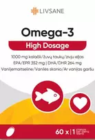 LIVSANE OMEGA-3 žuvų taukai EPA 352 mg DHA 264 mg High dosage, vanilės skonio, 60 kapsulių