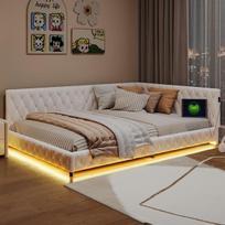 Sofa-lova 140x200 cm, apmušta lova su LED, USB, meškiuko vilnos audinys, smėlio spalvos