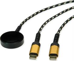 ROLINE USB Split-Ladekabel, bis 60W + Ladepad (bis 15W), fr Apple-Gerte, Typ C - C, schwarz / gold, 1,2 m