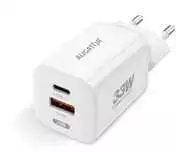 ALIGATOR išmanusis tinklo įkroviklis GaN, PD 33W, USB-A + USB-C, baltas