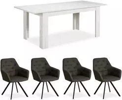 Homestyle4U Valgomojo stalas ir kėdžių komplektas, 160.5x90.5x76.5 cm, balta ir pilka