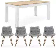 Homestyle4U Valgomojo stalas su kėdėmis, 215x90x75 cm, pilka, balta, ruda