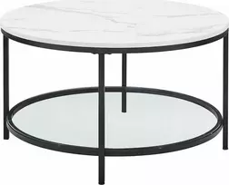 Leobert Kavos staliukas apvalus su stikline apatine lentyna, balto marmuro ir juodos spalvos, Ø 80 × 45,5 cm