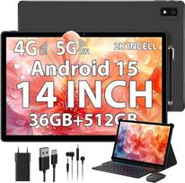 "2K Android 15" planšetinis kompiuteris 14 colių, 36GB RAM, 512GB ROM (2 TB išplėtimas), 4G SIM LTE ir 5G WiFi, 2000 x 1200FHD, 11580 mAh, aštuonių branduolių, 13 MP + 8 MP, planšetinis kompiuteris su klaviatūra/GPS/Bluet 5.0 (juodas)