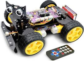"Adeept" 4WD išmaniojo automobilio rinkinys (suderinamas su "Arduino IDE"), linijos sekimas, šviesos sekimas, kliūčių vengimas, servo variklis, OLED ekranas, garsinis signalas, LED taškinės matricos ekranas