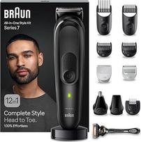 "Braun All-In-One Trimmer Set 7", 12-in-1 Multigroom, barzdos kirptuvas, nosies plaukų kirptuvas, veido, galvos ir kūno plaukų kirptuvas, 100 minučių veikiantis akumuliatorius, 14 ilgių (3-21 mm), atsparus vandeniui, MGK7460, juodas