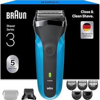 "Braun Series 3" elektrinis skustuvas vyrams su 3 lanksčiais peiliukais, skustuvu, barzdos kirpimo įtaisu, 5 šukų priedais, drėgnu ir sausu skustuvu vyrams, 310BT, mėlynas