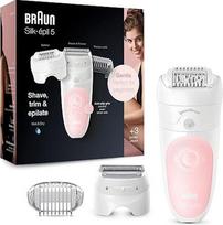 "Braun Silk-épil 5" epiliatorius moterims su skutimosi ir kirpimo priedu, skirtas švelniam plaukelių šalinimui, šlapiai ir sausai epiliacijai, aukšto dažnio masažo priedas, neslystanti rankena, baltos / rožinės spalvos