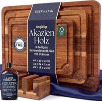 "Deer & Oak" 3 dalių akacijos pjaustymo lentelių rinkinys su stovu, įskaitant 250 ml pjaustymo lentelių aliejaus, FSC sertifikuotos iš anksto alyvuotos medinės virtuvės pjaustymo lentelės, kietmedžio virtuvės pjaustymo lentelės