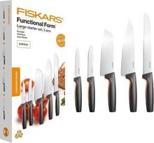"Fiskars" virtuvinių peilių rinkinys, 5 dalių, funkcinės formos, su virtuviniu peiliu (dideliu), peiliu daržovėms, peiliu pomidorams, virtuviniu peiliu "Santoku" ir peiliu duonai, japoniškas nerūdijantis plienas/plastikas, 1057558