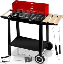 "Five-Star Grill&Chill" medžio anglių kepsninė - chromuotos dvigubos grotelės 50 x 26,5 cm, reguliuojamas aukštis 4 kryptimis - mobili su ratukais ir medine lentyna - skirta sodui, balkonui ir stovyklavimui - emaliuotas ugnies indas
