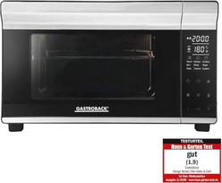 "GASTROBACK Design Mini Oven Bake & Grill" - mini orkaitė su konvekcine oro cirkuliacija, 26 l, 5 funkcijos, 30 °C - 230 °C, "Cool Touch" korpusas - 30 cm skersmens picos akmuo, kepimo padėklas, kepimo grotelės ir grilio iešmai