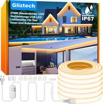 "Gliztech" IP67 vandeniui atspari COB LED juosta AC 230 V tiesioginis kištukas, 20 m itin ryški LED šviesos juosta, lipni lauko juosta su dvigubo saugiklio valdikliu, 2700 K LED juosta, šiltai balta, skirta sodui, komercinėms dekoracijoms