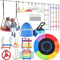 "Hapfan" 15 m ilgio "Ninja Slackline" lauko sūpynės vaikams su virvės skriemuliu, "Ninja Warrior Parcours" vaikams su 10 kliūčių, laipiojimo rėmu, laipiojimo tinklu, laipiojimo kopėčiomis, treniruokliu, medžio apsauga (spalvotas)