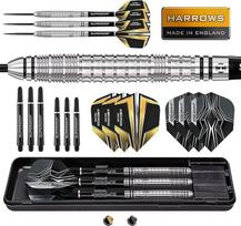 "Harrows Combat Darts" rinkinys su 90 % volframo plieno antgaliu, nuo 21 g iki 30 g, visi galimi svoriai, didžiulis 17 dalių rinkinys su atsarginiais koteliais, pagrindiniais skrydžiais ir kelioniniu dėklu
