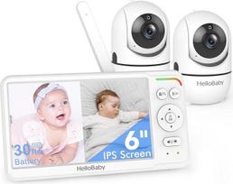 "HelloBaby" vaizdo monitorius, 6 colių padalytas ekranas su 2 kameromis ir 4000 mAh, laidinė kamera, panoraminio priartinimo kūdikių monitorius su kamera ir garsu, naktinis matymas, ECO, dvipusis garsas, 8 lopšinės