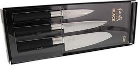 "KAI Wasabi Black" peilių rinkinys - 10 cm virtuvinis peilis, 15 cm virtuvinis peilis, 16,5 cm peilis "Santoku" - nerūdijantis 6A/1K6 poliruotas nerūdijantis plienas 58 (±1) HRC - juoda polipropileno rankena - pagaminta Japonijoje