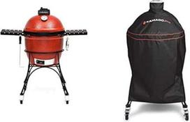 "Kamado Joe" - "Classic Joe I" 18 colių raudonos spalvos medžio anglių kepsninė su vežimėliu, šoninėmis lentynomis, kepsninės žnyplėmis ir pelenine + KJ-GC23BWFS kepsninės dangtis, juodas