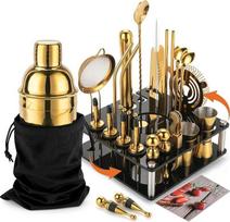 "KINGROW Mixology Cocktail Shaker Set" - pilnas 29 dalių barmeno rinkinys ir baro įrankiai su besisukančiu akrilo stovu, profesionalus baro rinkinys gėrimams maišyti, namams, barui, vakarėliui (auksinis)