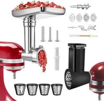 "Kitchenaid" nerūdijančio plieno mėsmalės priedas, su 4 daržovių pjaustymo priedais, 4 malimo diskais, 3 ašmenimis, 3 dešrelių užpildymo įtaisais, 1 mėsainių spaudimo ir valymo šepetėliu, mėsmalės priedų rinkinys