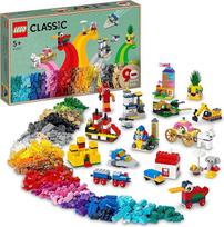 "LEGO 11021 Classic 90 Years Fun" rinkinys, kaladėlių dėžutė su 15 legendinių žaislų mini modelių, traukinukas ir užraktas, statybinis žaislas