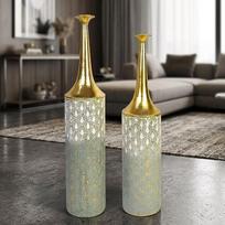 "Leewadee" grindų vazų rinkinys (2 vnt.) su nuimamu dangčiu - modernios, didelės, aukštos, auksinės spalvos dekoratyvinės vazos, 65/55 cm, skirtos svetainei, prieškambariui, židiniui ir biurui - pampų žolei, sausoms ir dirbtinėms šakoms