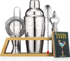 "Mixology & Craft Cocktail Set" 10 dalių rinkinys su stovu - nerūdijančio plieno kokteilių plaktuvas, baro priedai, receptai