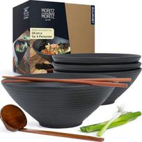 "Moritz & Moritz" 4 x "Ramen" keraminiai dubenėliai, nuo 800 iki 1300 ml, 24 cm skersmens, juodas "Ramen" dubenėlių rinkinys 4 asmenims, skirtas sriubai, Pho ir suši dubenėliams, su lazdelėmis ir šaukštu