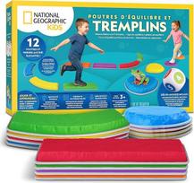 "National Geographic Kids Balance Stones & Balance Bar" - 12 dalių kliūčių ruožo rinkinys vaikams nuo 3 metų su putplasčio kubu, žaidimo ir mokymosi kortelėmis ir neslystančiu guminiu pagrindu
