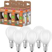 "Osram Energy Class Classic" mini rutulinė LED lempa, 2,2 W/470 liumenų, A energinė klasė, šilta balta šviesa (2700 K), CRI 80, matinis bešvinis stiklas, E14 lizdas, IP20, 45 mm DM, 6 vnt.