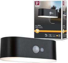 "Paulmann Adya" 94571 LED saulės lauko sieninis šviestuvas su judesio jutikliu IP44 Komplekte yra 1x 2,5 W šiltai baltos juodos spalvos belaidis plastikinis įkraunamas 3000 K