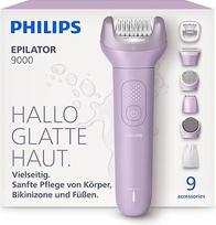 "Philips" epiliatorius "Series 9000" - belaidis epiliatorius sausam ir drėgnam naudojimui, kojų, kūno ir bikinio zonai, su "ProGuide", 9 priedais, įskaitant pedikiūro priedą, 60 min. akumuliatorius, modelis BRE728/00